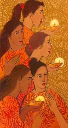 a painting of women holding candles in their hands