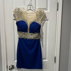 New! Royal Blue Jersey Short Fitted Dress With Beaded Waist And Illusion Open Back! Size 12 Royal Blue Embellished Sleeveless Dress, Embellished Royal Blue Dress For Homecoming, Embellished Royal Blue Homecoming Dress, Royal Blue Embellished Dress For Homecoming, Blue Embellished Homecoming Dress, Blue Embellished Evening Mini Dress, Blue Embellished Mini Dress For Homecoming, Blue Embellished Mini Dress For Evening, Embellished Blue Dress For Night Out