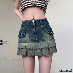 Olivia Mark - Vintage High-Waisted Denim Skirt with Utility Pockets, Double Layered and Pleated Patch Work Skirt, Denim Pleated Mini Skirt, Tool Skirt, Denim Pleated Skirt, Pleated Denim, High Waisted Denim Skirt, Ladies Denim, Skirt Denim, Short Denim Skirt