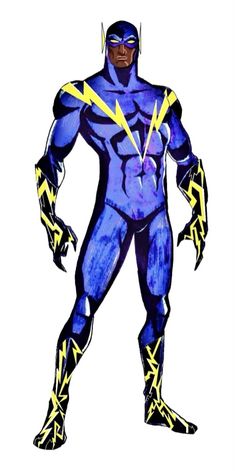 a drawing of a man in blue and yellow with lightning bolts on his body, standing