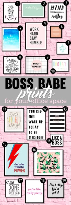 a pink brick wall with different types of posters on it and the words boss babe above them