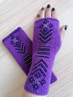 "Beautiful and comfy wrist warmers, handmade by me. These fingerless mitts are hand knitted, using soft light purple merino wool, colorful high quality Czech glass beads. The beads are knitted in, so they will not come out! They are knitted with love, care and patience. It is gorgeous accessory for spring, autumn and winter or may be used on cold summer eves. Goes perfectly with all kinds of clothing. It is perfect gift for any occasion. Size: 7.5\"/19 cm long.  Wrist size is 6\"- 7\"in / 15-17 Handmade Winter Knitting Pattern One Size, Handmade Winter Crafts For Gifts, Handmade Crafts For Winter Gifts, Bohemian Handmade Winter Knitting Pattern, Winter Gift Crochet Knitting Pattern, Winter Crochet Knitting Pattern For Gift, Nordic Style Handmade Winter Knitting Pattern, Winter Crochet Knitting Pattern, Handmade Winter Knitting Pattern For Crafting