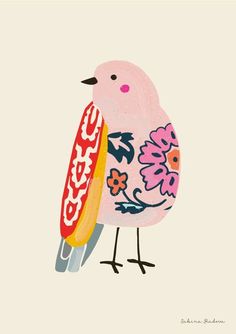 a pink bird with flowers on it's body and the words coca cola written in red