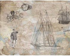 a drawing of an octopus, ship and man on a map with other things in the background