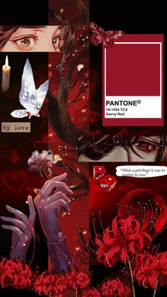 red and black collage with flowers, hearts, candles and other things in the background