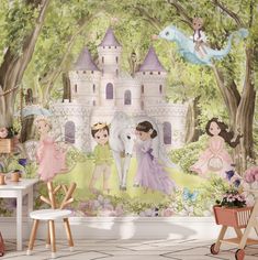 children's wall mural with princesses and unicorns in front of a castle