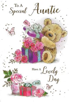 a greeting card with a teddy bear holding a gift box and pink roses on it