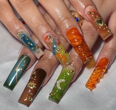 Hippie Nail Art Boho, Acrylic Nails Pretty, Nails Aura, Nails Unique, Boho Nails, Nails Pretty, Hippie Nails, Grunge Nails, Kali Uchis