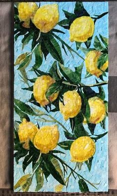 a painting of yellow flowers on a blue background