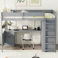 a loft bed with desk underneath it and shelves below the bed, along with other furniture