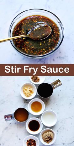 the ingredients for stir fry sauce in small bowls