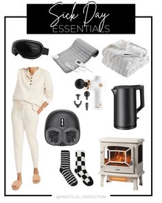 a woman standing in front of an oven with items on it and the words sick day essentials