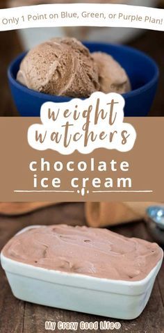 chocolate ice cream in a blue bowl with the words weight watchers on top and below it