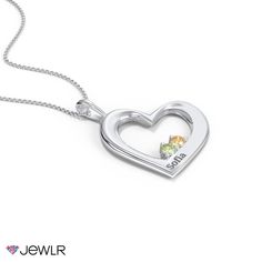 Cradled in love, this unique pendant features an engravable hearts cradling two sparkling gemstones. Personalize yours with a meaningful name and your choice of a genuine or simulated birthstones to represent you and your loved one. Your pendant will be handcrafted in sterling silver or gold and includes and a matching chain in your choice of lengths. Heart Cut Birthstone Necklace For Anniversary, Keepsake Heart Cut Birthstone Jewelry, Heart Cut Birthstone Jewelry For Keepsake, Sterling Silver Heart Cut Birthstone Necklace For Gift, Silver Birthstone Necklace With Heart Charm, Heart-shaped May Birthstone Necklace With Gemstone, May Birthstone Heart Necklace, Heart Charm Birthstone Necklace For Anniversary, Sterling Silver Birthstone Necklace For Valentine's Day