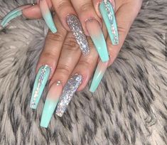 Tiffany Blue Nails, Ballerina Acrylics, Classy Nail Art Ideas, Colors Nails, Coffin Acrylics, Classy Nail Designs, Baddie Nails, Nails Design With Rhinestones, Dope Nail Designs