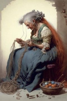 an old woman with long red hair knitting