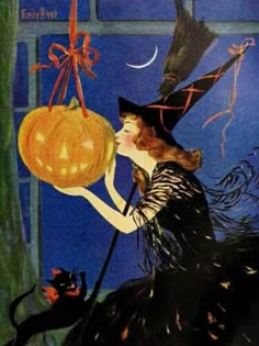 a painting of a woman dressed as a witch holding a jack - o - lantern