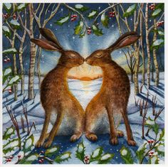 two rabbits are sitting in the snow with their heads touching each other's noses