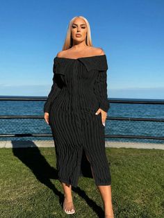 Plus Women's Shirred Off Shoulder Ruffle Hem A-Line Dress Black Casual  Long Sleeve Knitted Fabric Plain Bodycon Medium Stretch  Women Plus Clothing, size features are:Bust: ,Length: ,Sleeve Length: Plus Size Maternity Dresses Black, Robe Noir Curvy, Plus Size Black Sress, Plus Suze Black Dress, Black Ruched Dress Plus Size, Formal Dress With Boots, Black Long Dresses, Dress Black Casual, Dresses For Plus Size