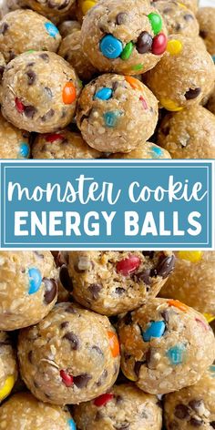 monster cookie energy balls stacked on top of each other with the words monster cookie energy balls above them