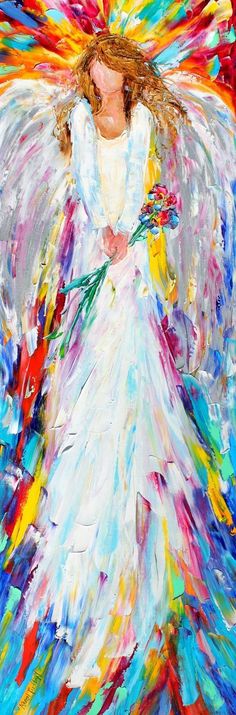 an angel painting with bright colors and white wings