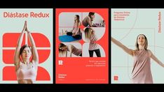 three different posters with women doing yoga poses and the words, diastase redux