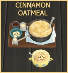 an image of a poster for cinnamon oatmeal on a table with other food items