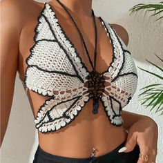 Handmade Crochet Butterfly Top. Originally Bought From An Instagram Boutique. Never Worn. Crochet Cover Up, Backless Crop Top, Womens Camisoles, Crochet Crop Top, Swimsuits Halter, Women Swimsuits, Crop Top, Swimming, Crop Tops