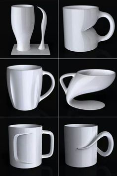 several white cups and saucers are shown in four different positions on a black background