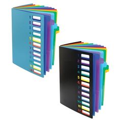 a set of five colored binders with numbers on each side and one in the middle