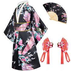 PRICES MAY VARY. Material:High quality satin polyester(Imitation silk) Package includes: Kimono robe , Belt, Backband, Silk folding fans，Hairstick -5 piece set Suit for: Daily wear ,Children party dress,Fun as birthday or holiday gifts,Halloween party uniforms, Cosplay party uniforms. A great costume or gift for festival and so on This kimono Yukata robe with classic traditional Japanese style will provide you a soft and comfortable experience.Luxurious silky feel and look, It is light weight an Japanese Kids, Kimono Gown, Cute Kimonos, Baby Costumes Girl, Folding Fans, Lounge Robes, Children Party, Dress Kimono, Kids Party Dresses