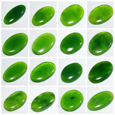 the green stones are arranged in rows on a white background, each with different shapes and sizes