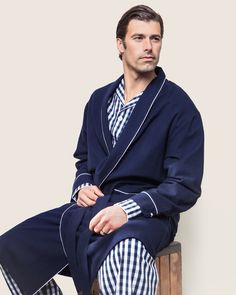 Our flannel has unmatched softness and perfect for year-round comfort. This elegant robe is the perfect addition to our collection. The classic, navy palette is a staple and will have you looking smart in no time. Premium 100% cotton twill makes this design crisp, comforting, and cozy. The moisture-wicking weave is yarn-dyed to help prevent fading. Cotton twill becomes more buttery with every wash. You will be tucked in luxury and off to dreamland. Bonne nuit. Long Sleeve Blue Robe For Fall, Classic Long Sleeve Robe For Daywear, Classic Long Sleeve Robe For Loungewear, Navy Palette, Robe For Men, Flannel Robe, Luxury Robes, Men's Robes, Sleepwear Fashion