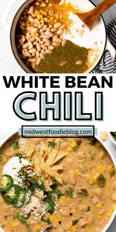 white bean chili in a bowl with corn and tortilla chips on the side