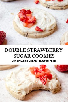 double strawberry sugar cookies with white frosting and strawberries on top in the background