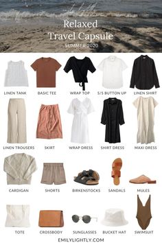 Boho Travel Outfits Summer, Traveler Capsule Wardrobe, Comfortable Summer Travel Outfit, Capsule Wardrobe Packing Summer, Neutral Travel Capsule Wardrobe, Summer Closet Capsule, Natural And Relaxed Outfits, Summer Neutral Outfits Casual, Cabo Capsule Wardrobe