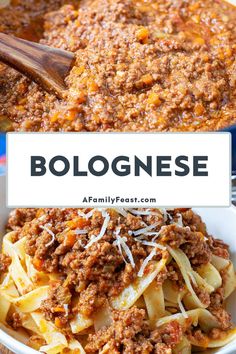 a bowl filled with pasta and meat, next to the words bolognesiane