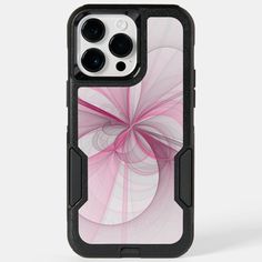 an iphone case with pink and white swirls on the front, in black frame