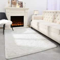 a living room filled with furniture and a fire place next to a white rug on the floor