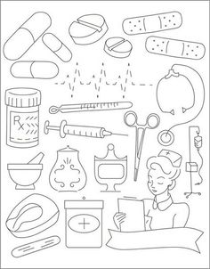 a black and white drawing of medical supplies