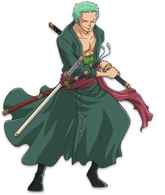 an anime character with green hair holding two swords