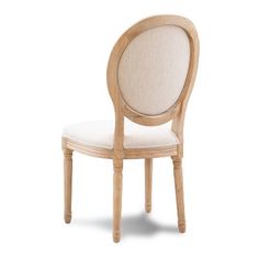 a wooden chair with a white upholstered back and beige fabric on the seat