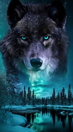 a wolf with blue eyes staring at the camera in front of snow covered trees and water