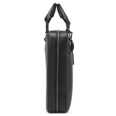 a black leather bag with zippers on the inside and side pockets, sitting in front of a white background