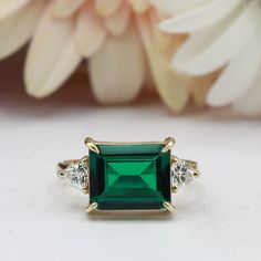 Radiant Cut Three Stone Ring As A Gift, Gift Emerald Ring With Three Stones In Radiant Cut, Rectangular Sterling Silver Emerald Ring For Wedding, Rectangular Three Stone Jewelry Gift, Three Stone Rectangular Jewelry Gift, Rectangular Three Stone Jewelry As A Gift, Rectangular Emerald Ring In Sterling Silver For Wedding, Rectangular Emerald Ring With Accent Stones For Formal Occasions, Rectangular Emerald Ring With Accent Stones For Formal Events