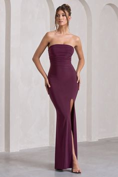 Midnight Calling Plum Bandeau Split Lace-Up Maxi Dress – Club L London - USA Midi Bridesmaid Dress, Sleek Bun, Leg Split, Black Dress Prom, Black Tie Gala, Party Dress Long Sleeve, Bridesmaid Outfit, Strapless Maxi, Black Sequin Dress