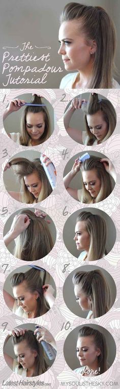 10 step pompadour! Five Minute Hairstyles, 5 Minute Hairstyles, Different Hair, Hairstyles For School