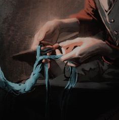 a painting of a person holding something in one hand and tying it with a blue string