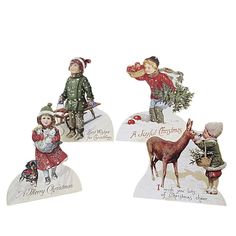 three christmas cards with children and animals in the snow, one is holding a tree