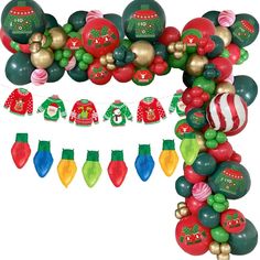 an assortment of christmas balloons and decorations